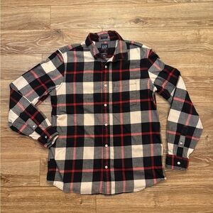 GAP Men's Black Red Cream Organic Cotton Plaid Flannel Shirt Medium EUC